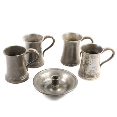 Lot 145 - Four 1 pint Victorian pewter tankards, stamped Morgan & Gaskell, a pewter inkwell and pen stand, and other metal wares.