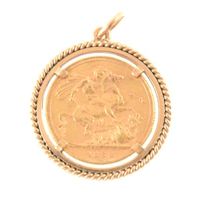 Lot 233 - A Full Sovereign pendant, Victoria Jubilee Head 1888 claw set in a yellow metal mount.