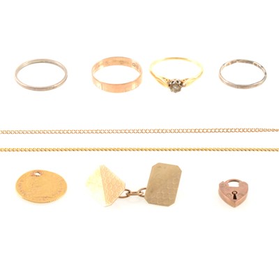 Lot 305 - A box of gold and yellow metal jewellery.