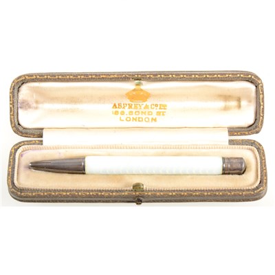 Lot 420 - A silver coloured propelling pencil with pale blue guilloche enamel barrel in an Asprey box.