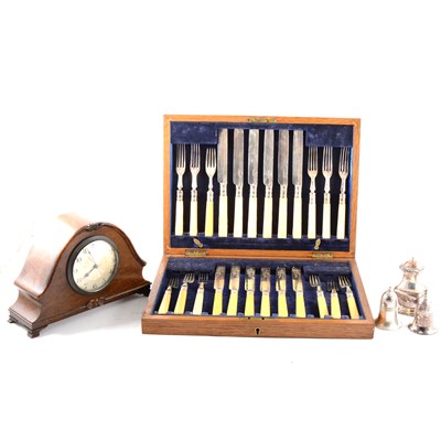 Lot 155 - A silver sweetmeat bowl, Mappin & Webb mantel clock, plated flatware and other items.