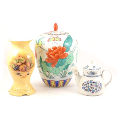 Lot 79 - An Aynsley Orchard Gold limited edition boxed vase, a large jar, a collection of miniature plates in their display case and other tea service items etc.