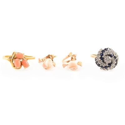 Lot 286 - A sapphire and cubic zirconia dress ring and pair of coral earrings and costume jewellery ring.