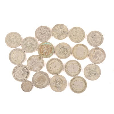 Lot 222 - CATALOGUE AMENDMENT - there are crowns or half crowns in this lot. Collection of British crowns, Florins, two Shillings, one Shillings and three then Shilling notes.