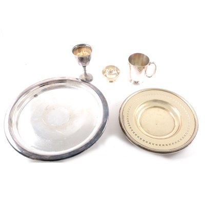 Lot 142 - Small silver bowls and cups, white metal bowl stamped 830, other plated wares, chinese pot stands, Victorian half crown etc.