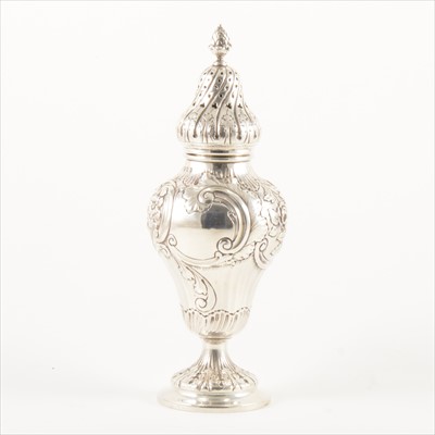 Lot 619 - Edwardian silver rococo style caster, Elkington & Co, Birmingham 1907