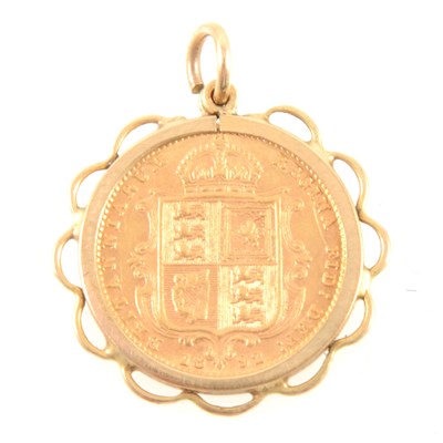 Lot 237 - A Half Sovereign pendant Victoria Jubilee Head Shield Back 1892 in a 9 carat yellow gold mount.