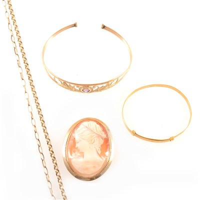 Lot 381 - A collection of gold jewellery and a cameo brooch.