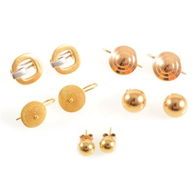 Lot 302 - Eight pairs of yellow metal earrings for pierced ears, some hallmarked 18 carat or marked 750.