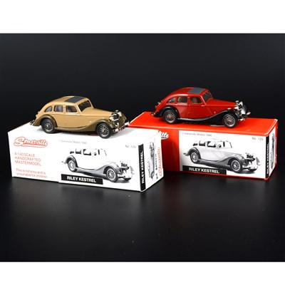 Lot 309 - Two Somerville white metal model Riley Kestrel cars.