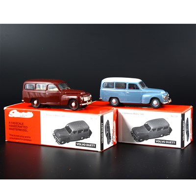 Lot 319 - Somerville 1:43 scale white metal models; no.128 Volvo Duett in maroon, and a no.128 Volvo Duett in blue/white, boxed.
