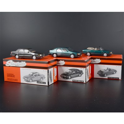 Lot 320 - Somerville 1:43 scale white metal models; no.127 Saab 9000CD in grey, no.130 Saab 900 Cabriolet in met.green, no.132 Saab 9000 CS in green, all boxed