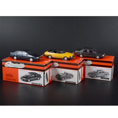 Lot 322 - Somerville 1:43 scale white metal models; no.127 Saab 9000CD in grey, no.130 Saab 900 Cabriolet in yellow, no.132 Saab 9000 CS in blue, all boxed
