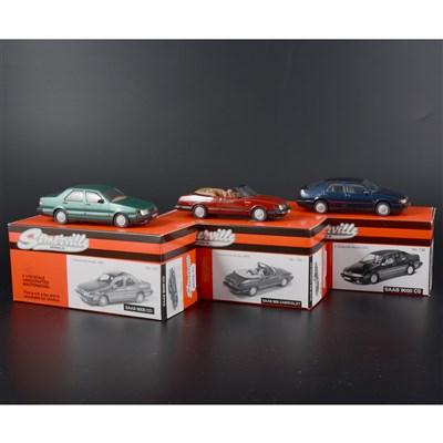 Lot 262 - Somerville 1:43 scale white metal models; no.127 Saab 9000CD in met.green, no.130 Saab 900 Cabriolet in red, no.132 Saab 9000 CS in blue, all boxed