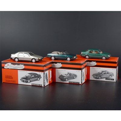 Lot 263 - Somerville 1:43 scale white metal models; no.127 Saab 9000CD in met.green, no.130 Saab 900 Cabriolet in Eucalyptus green, no.132 Saab 9000 CS in met.citrin beige, all boxed