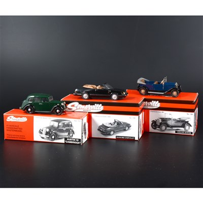 Lot 326 - Somerville 1:43 scale white metal models; no.130 Saab 900 Cabriolet in black, no.126 Volvo Jakob in blue, no.131 Austin 10 Cambridge in green, all boxed.