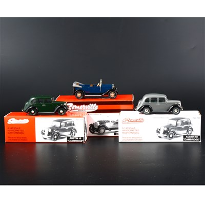 Lot 327 - Somerville 1:43 scale white metal models; no.126 Volvo Jakob in blue, no.131 Austin 10 Cambridge in grey, no.131 Austin 10 Cambridge in green, all boxed.