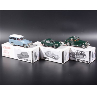 Lot 331 - Somerville 1:43 scale white metal models; no.128 Volvo Duett in blue/white, no.125 Saab Sonett II in green, no.129a Riley Kestrel in br green, all boxed.