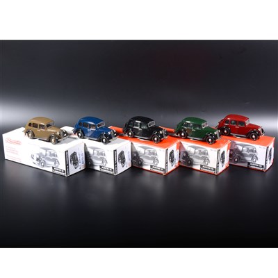 Lot 332 - Somerville 1:43 scale white metal models; five no.131 Austin 10 Cambridge cars, in two tone brown, green, maroon, blue and black, all boxed.