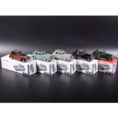 Lot 334 - Somerville 1:43 scale white metal models; five no.134 P-2 Rover 14 cars, in green, mist green, two tone red/black, black and grey, all boxed.