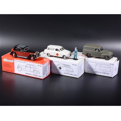 Lot 335 - Somerville 1:43 scale white metal models; no.148 Rover P-2 (6 light) 1937 in red/black, no.SS1 Saab95 ambulance, no.140 Volvo 210 Panel van in military green, all boxed.