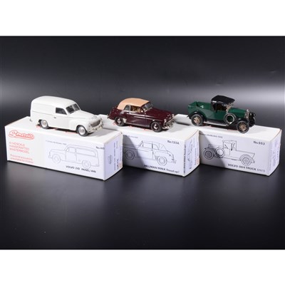 Lot 336 - Somerville 1:43 scale white metal models; no.140 Volvo 210 Panel Van in white, no.SS3 Volvo OV4 truck (1927) in green, and no.133a Hillman Minx (hood up) in burgundy, all boxed.