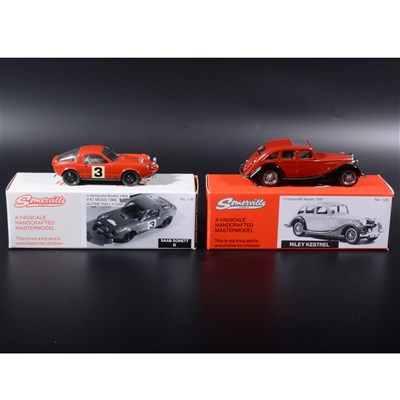 Lot 337 - Somerville 1:43 scale white metal models; no.129 Riley Kestrel in red/black, no.135 Saab Sonett (Rally), all boxed.