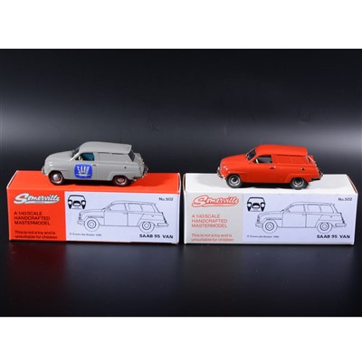 Lot 341 - Somerville 1:43 scale white metal models; two no.502 Saab 95 vans, prototype sample models, in red and grey, no numbers to base, boxed.