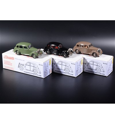Lot 342 - Somerville 1:43 scale white metal models; three no.142 Standard Flying De Luxe, all prototype sample models, in fawn, green and black, all 106 castings usesd for mock ups, boxed.