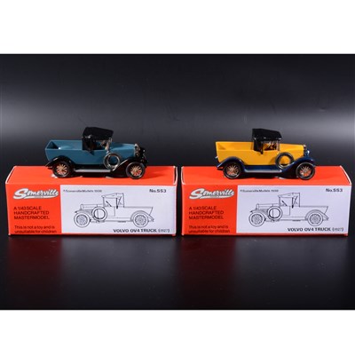 Lot 243 - Somerville 1:43 scale white metal models; two no.SS3 Volvo OV4 trucks (1927), both are incorrect colour sample prototypes, in yellow and blue, boxed.