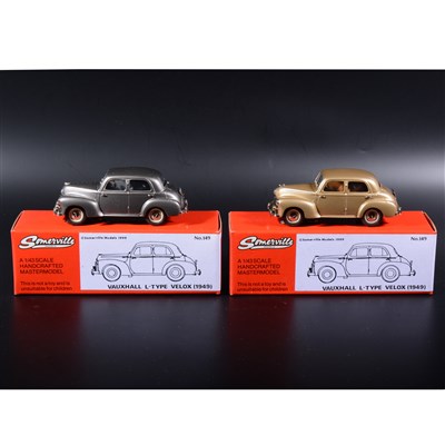 Lot 344 - Somerville 1:43 scale white metal models; two no.149 Vauxhall Velox,, both are colour sample prototypes, in met grey and met bronze, boxed.