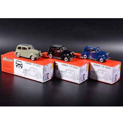 Lot 355 - Somerville 1:43 scale white metal models; three no.503 Ford8-7Y (1937), no.1, no.2 and no.3 from the limited edition of 500, in grey, blue and black, boxed.