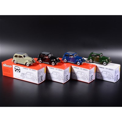 Lot 356 - Somerville 1:43 scale white metal models; four no.503 Ford8-7Y (1937), no.4, no.5, no.6 and no.187 from the limited edition of 500, in grey, blue, black, green, boxed.