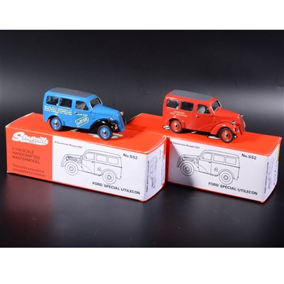 Lot 245 - Somerville 1:43 scale white metal models; two no.SS2 Ford 'Special' Utilecon, 'London Fire Brigade' red, and 'Silver City' blue, boxed.