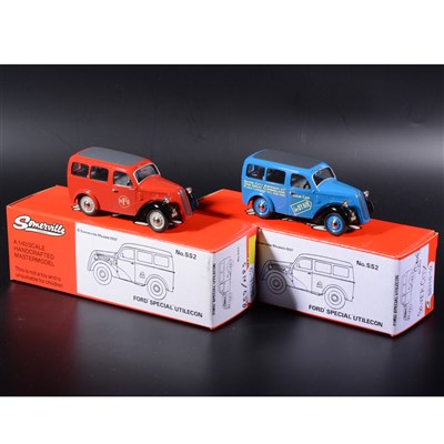 Lot 244 - Somerville 1:43 scale white metal models; two no.SS2 Ford 'Special' Utilecon, 'NFS' red, and 'Silver City' blue, boxed.