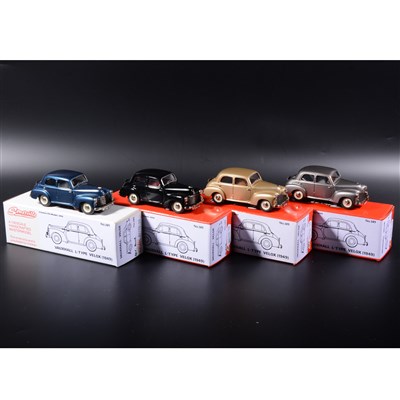 Lot 267 - Somerville 1:43 scale white metal models; four no.149 Vauxhall Velox, in black, Bronze, met grey, met blue, boxed.