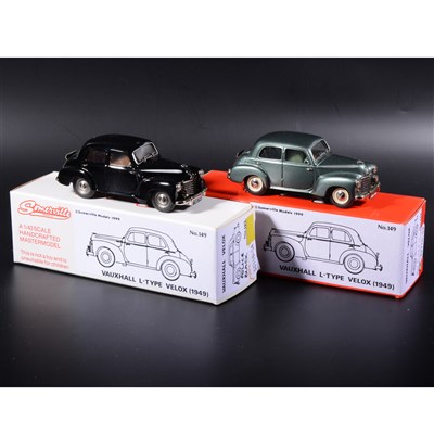 Lot 247 - Somerville 1:43 scale white metal models; two no.149 Vauxhall Velox, in black with 'Police' decal, brown interior, and met green, boxed.