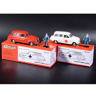 Lot 373 - Somerville 1:43 scale white metal models; two no.SS1 Saab 95 ambulance in red and white, boxed.