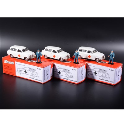 Lot 374 - Somerville 1:43 scale white metal models; three no.SS1 Saab 95 ambulance in white, boxed.