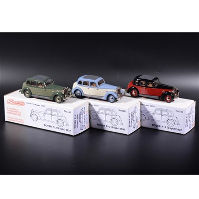Lot 375 - Somerville 1:43 scale white metal models; three no.148 Rover P-2 (6 light) 1937, in two tone green, two tone cream/blue/grey and red/black, boxed.