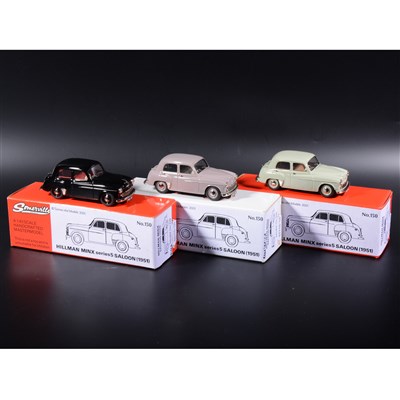 Lot 376 - Somerville 1:43 scale white metal models; three no.150 Hillman Minx Saloon (1951), in rose/beige, green, black, boxed.