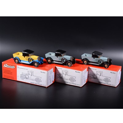 Lot 377 - Somerville 1:43 scale white metal models; three no.SS3 Volvo OV4 truck (1927), 2x in grey and 1x in yellow, boxed.