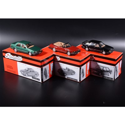 Lot 378 - Somerville 1:43 scale white metal models; three no.122 Saab 9000 Turbo 16 in black, no.130 Saab 900 Cabriolet in red, no.127 Saab 9000 CD in met green, boxed.