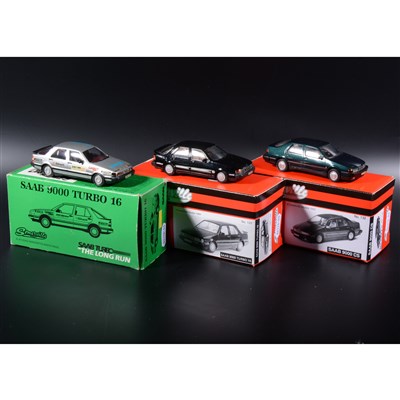 Lot 254 - Somerville 1:43 scale white metal models; three no.122 Saab 9000 Turbo 16 in black, no.132 Saab 9000 CS, no.127 Saab 9000 Turbo 16 in met green, boxed.