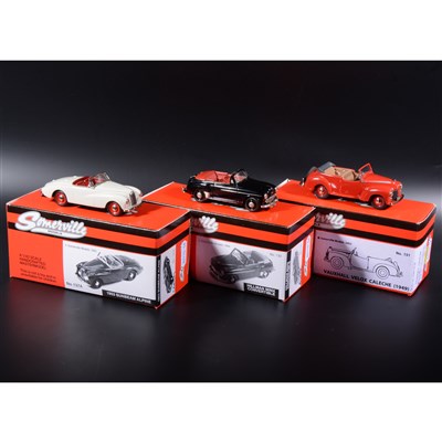 Lot 380 - Somerville 1:43 scale white metal models; three no.151 Vauxhall Caleche rare colour sample in red, no.137a 1953 Sunbeam Alpine in cream, no.133 Hillman Minx Convertible in black, boxed.