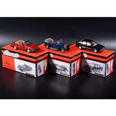 Lot 381 - Somerville 1:43 scale white metal models; no.126 Volvo Jakob in blue, no.130 Saab 900 Cabriolet (no silver lines), in red, no.122 Saab 9000 Turbo 16 in black, boxed.