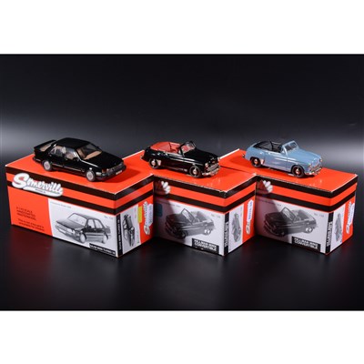 Lot 382 - Somerville 1:43 scale white metal models; no.133 Hillman Minx Convertible in black, no.133 Hillman Minx Convertible in blue, no.122 Saab 9000 Turbo 16 in black, boxed.