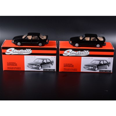 Lot 242 - Somerville 1:43 scale white metal models; two pre-production no.122 Saab 9000 Turbo 16 in black, on with no painted window pillars, the other with painted quarter black lights, boxed.