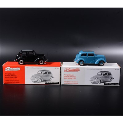 Lot 389 - Somerville 1:43 scale white metal models; two no.103 Ford Popular E103 in black and blue, boxed.