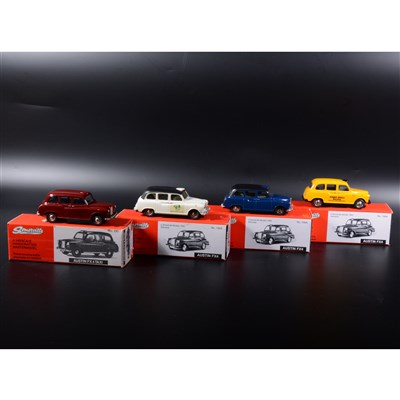 Lot 391 - Somerville 1:43 scale white metal models; four Austin FX4 taxi, in maroon, yellow, white with rail transfers, dark blue with black roof, boxed.